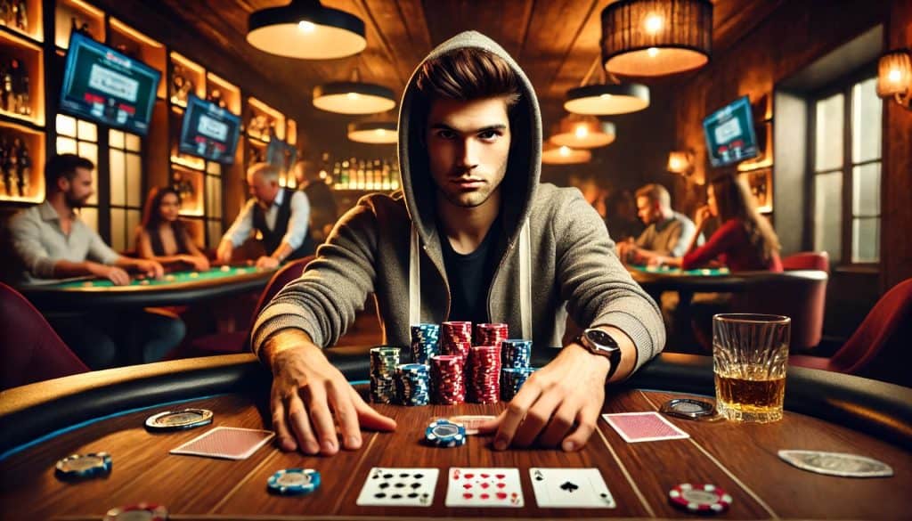 Poker player with focused expression at a casino poker table, surrounded by other players and gaming.