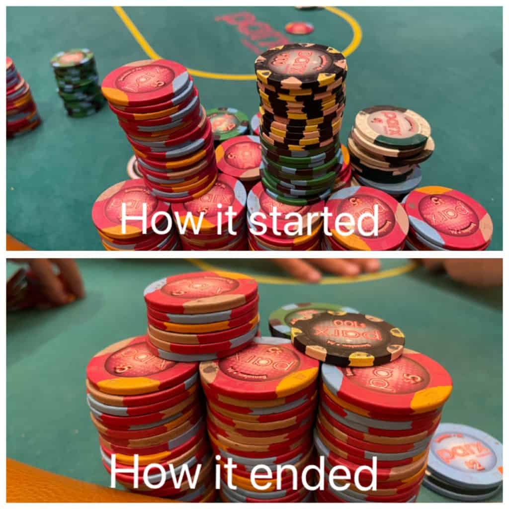 Poker chips stacked on a poker table with "How it started" and "How it ended" captions.
