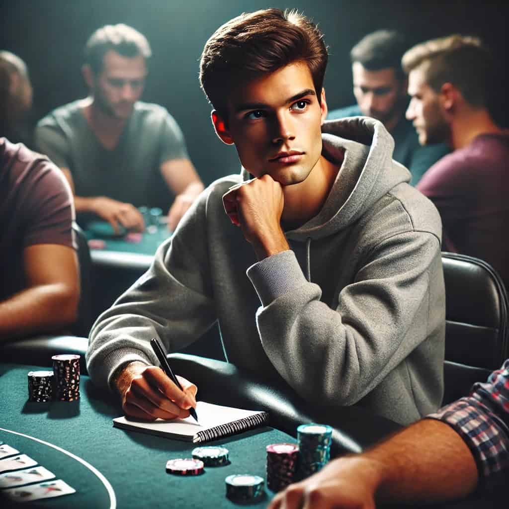 Young man focused during poker game emphasizing observation skills.