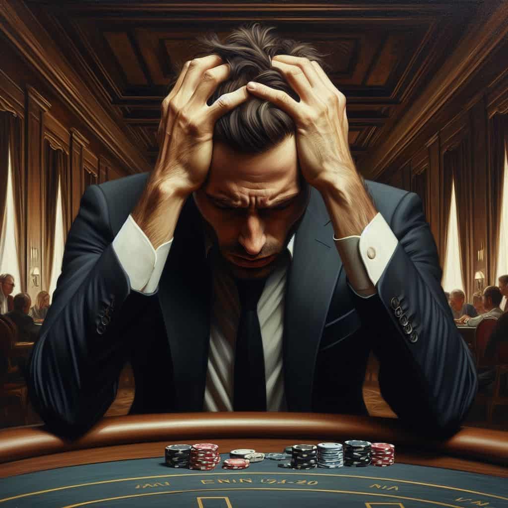 Frustrated man in a suit holding his head at a poker table with chips.