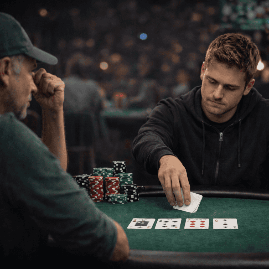 Poker player confidently folding his hand on a board of J♠ 8♣ 6♥ 3♠ while his opponent looks frustrated during a $2/$5 cash game.