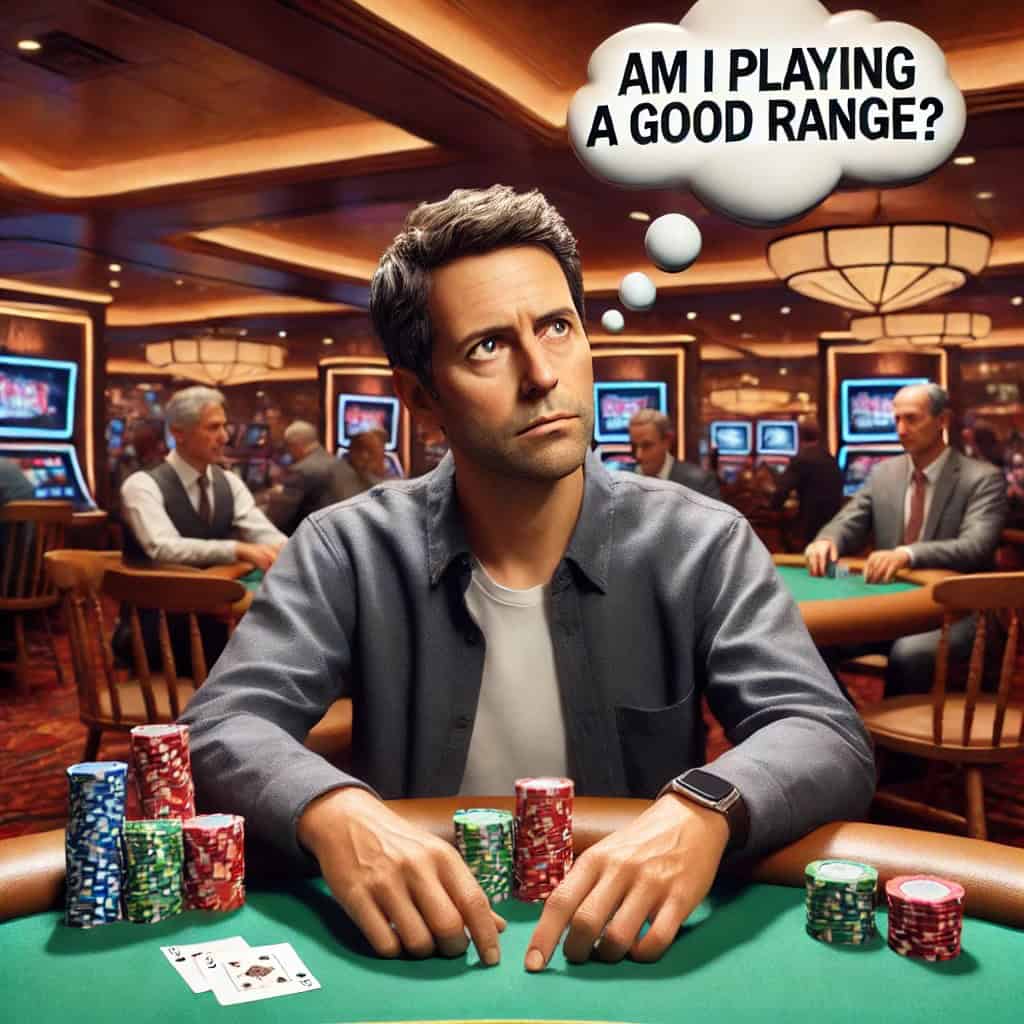 Man contemplating poker hand ranges at a casino table with chips.