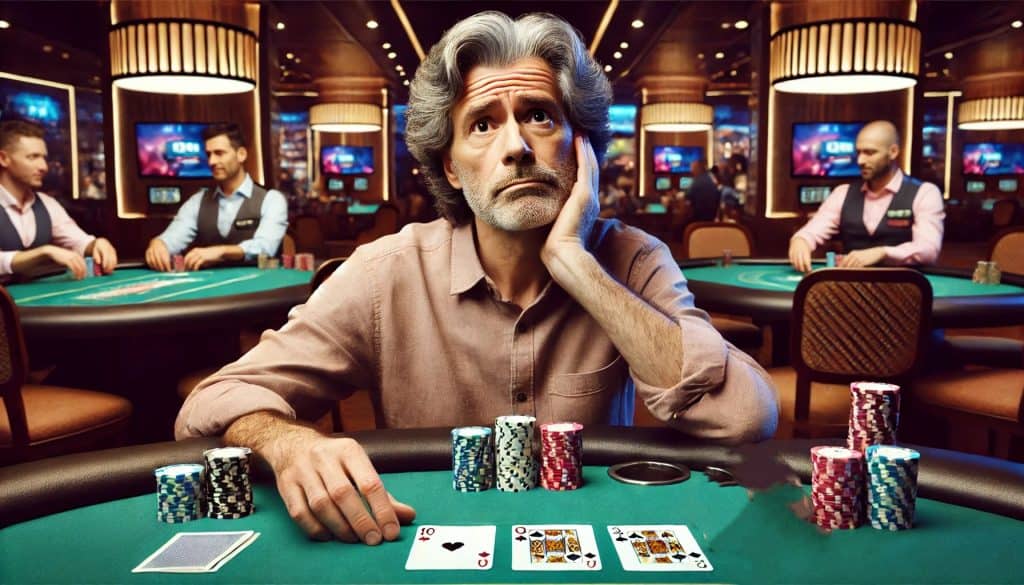 Frustrated poker player at a casino table after missing a draw.