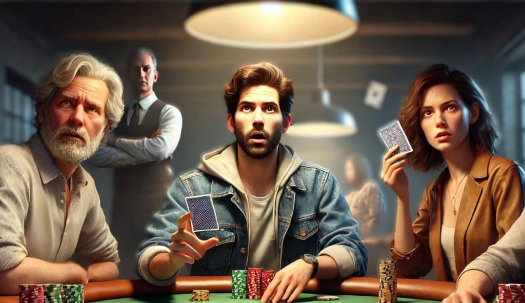 Group of players engaged in an intense poker game at a casino table.