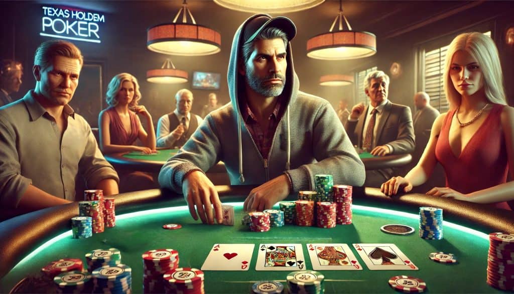 Focused poker players at a Texas Hold'em table during a cash game session.