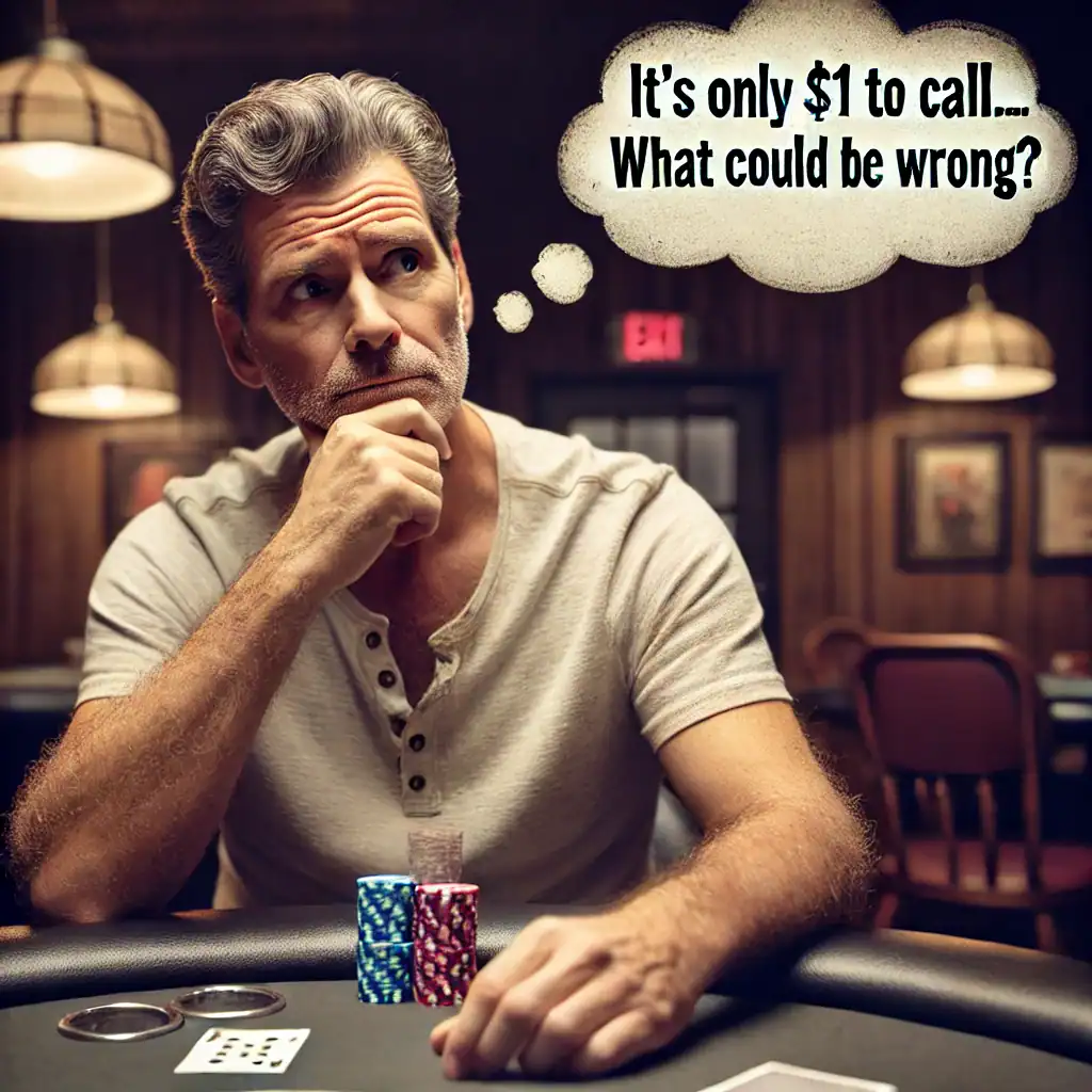 Man contemplating call at poker table with speech bubble about small blind.