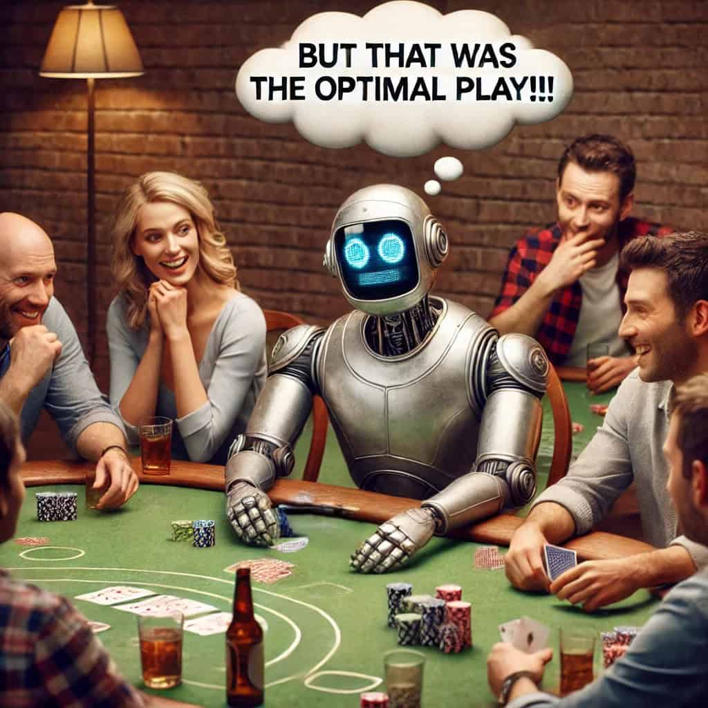Robot playing poker with humans, thinking about optimal play.