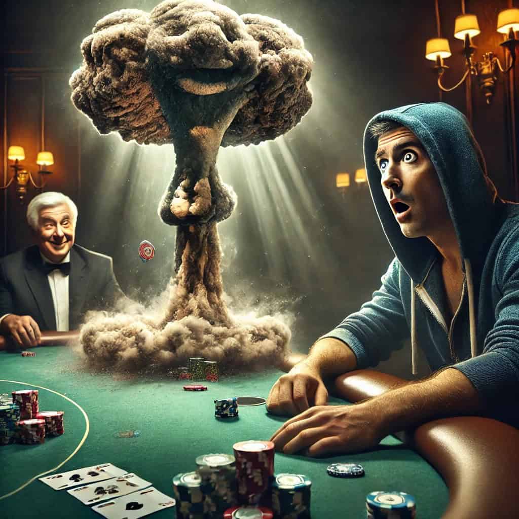 Intense poker game with a nuclear explosion in the background.
