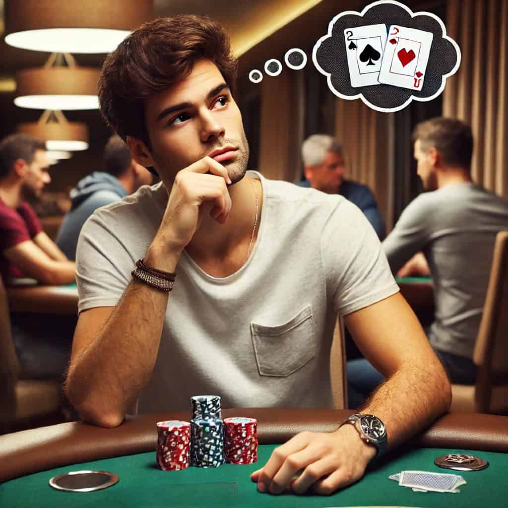 Young man contemplating poker hands at a casino table, focusing on strategy.