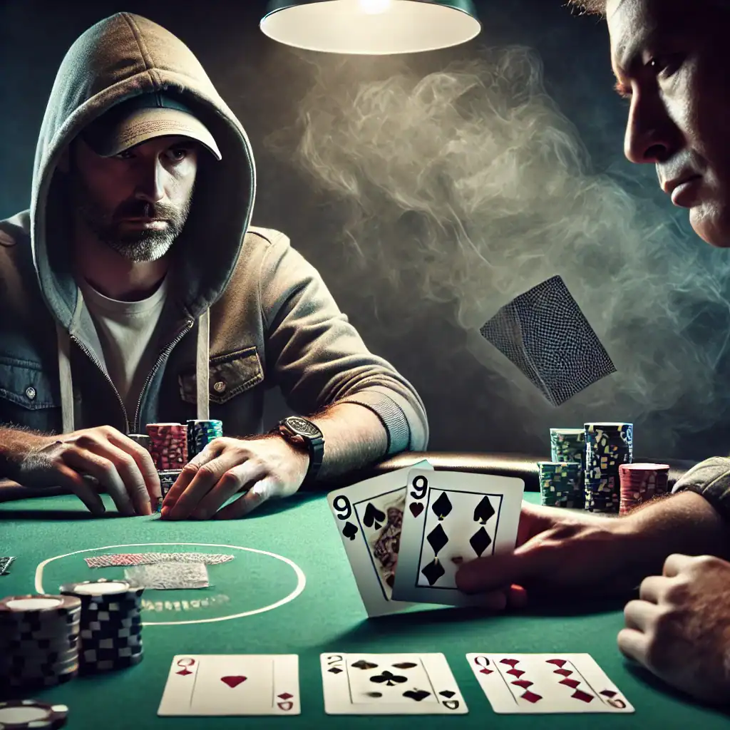 Two players at a poker table evaluating 3-bet decisions in a low-stakes game.