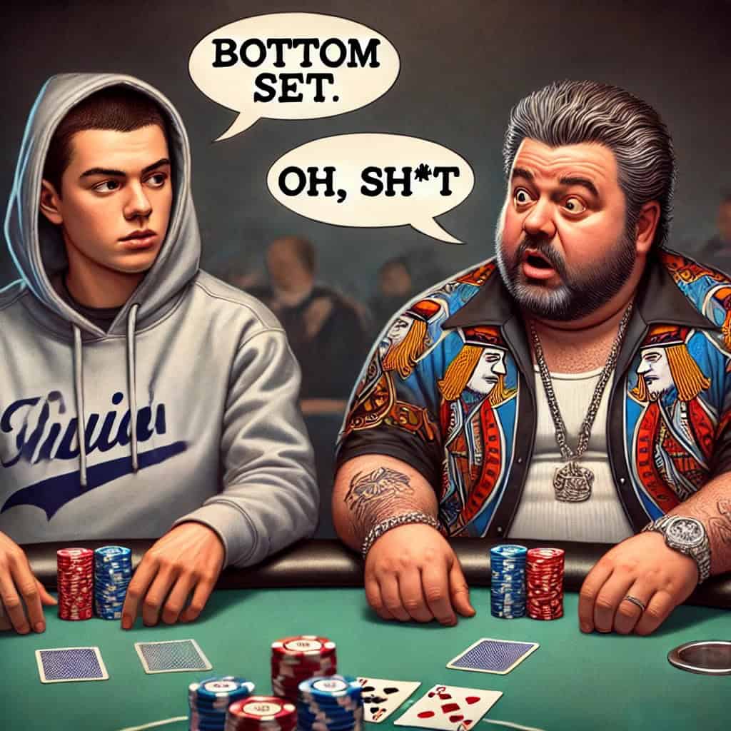 Young woman with small pair poker hand and an aggressive player at the table.