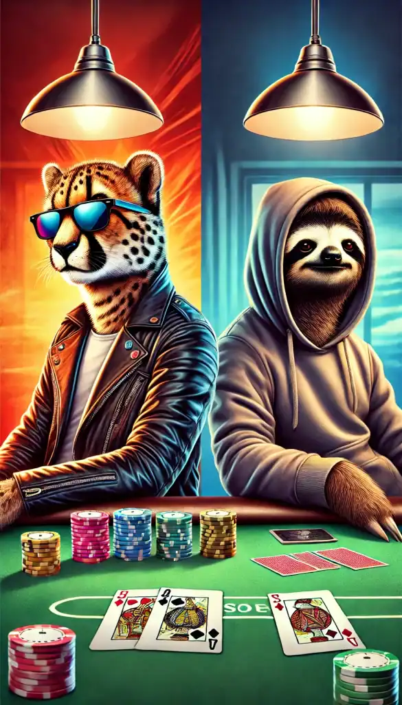 Cartoon animals playing poker, representing fast and slow play strategies.