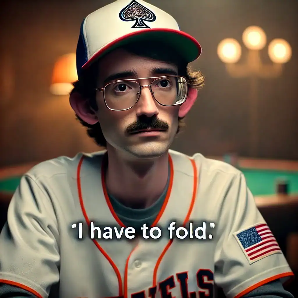 Poker player with focused expression, applying pressure against an opponent.