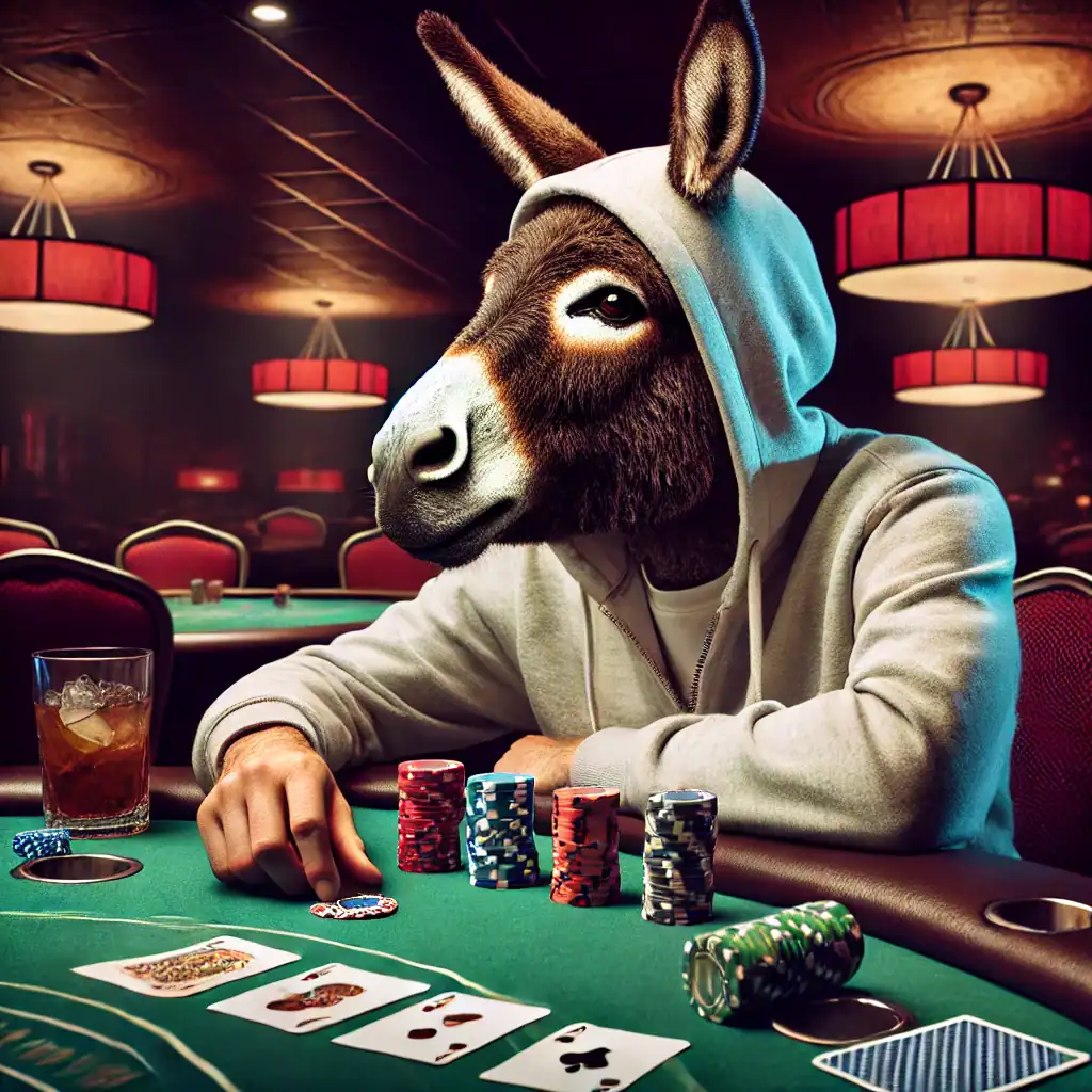 Donk-bet scenario with a donkey-headed poker player holding an overpair.
