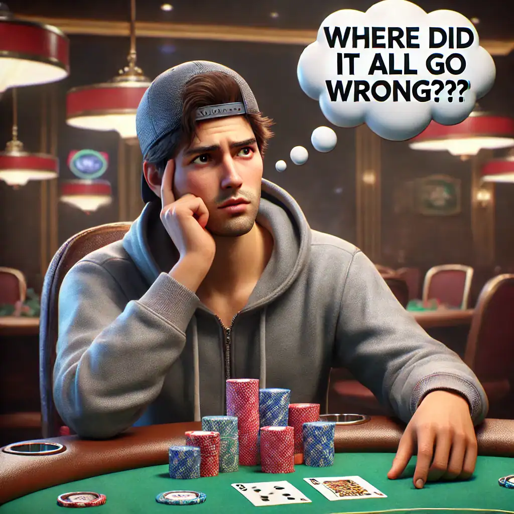 Young man pondering poker strategy with chips, questioning if a check-raise was a bluff or value pla.