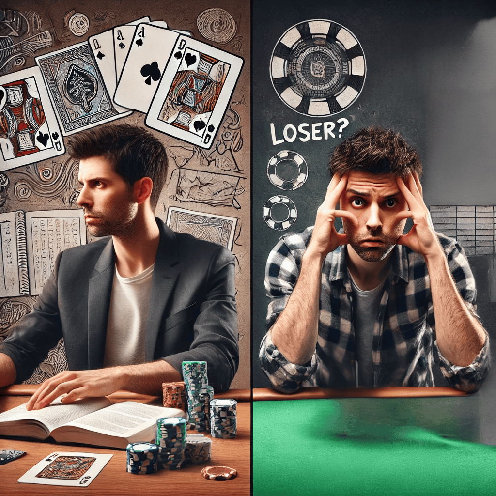 Two men at poker tables, one confident with cards, the other stressed, illustrating casual and strat.