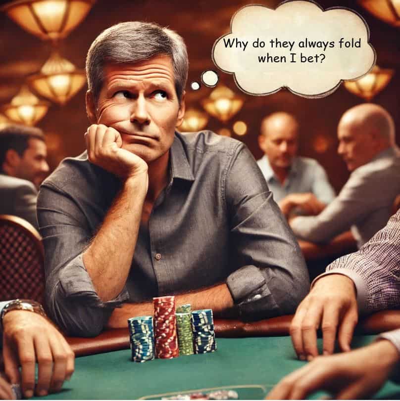 Man at poker table pondering, surrounded by chips, with thought bubble about betting traps.