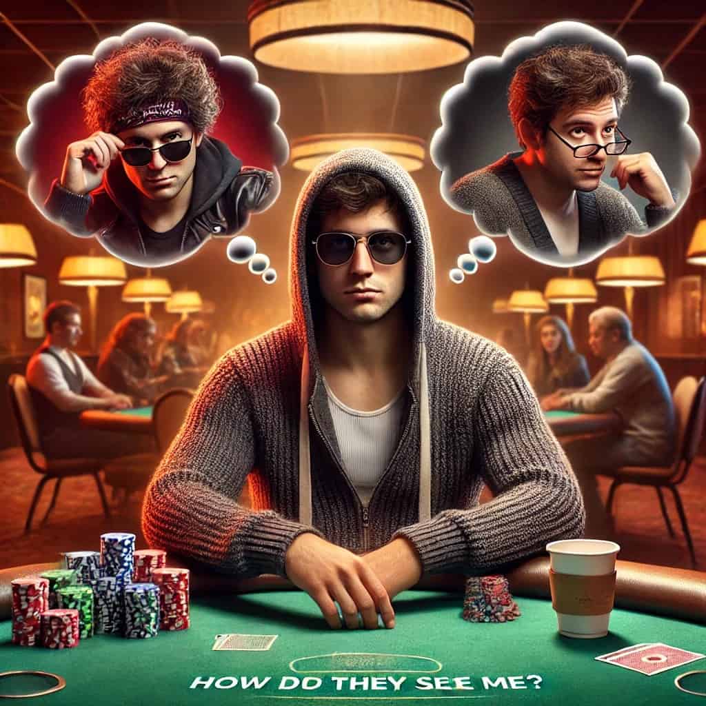 Young man at poker table with two thought bubbles of different poker players.