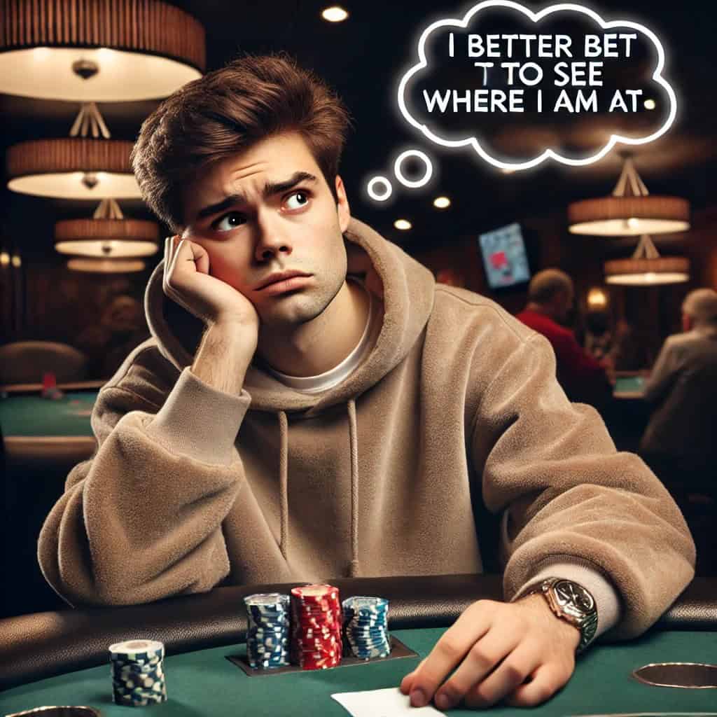 Young man at poker table contemplating his next move.