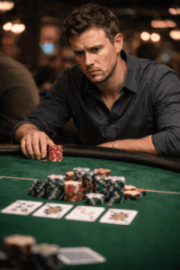 Poker player focusing on chips during cash game at poker table.