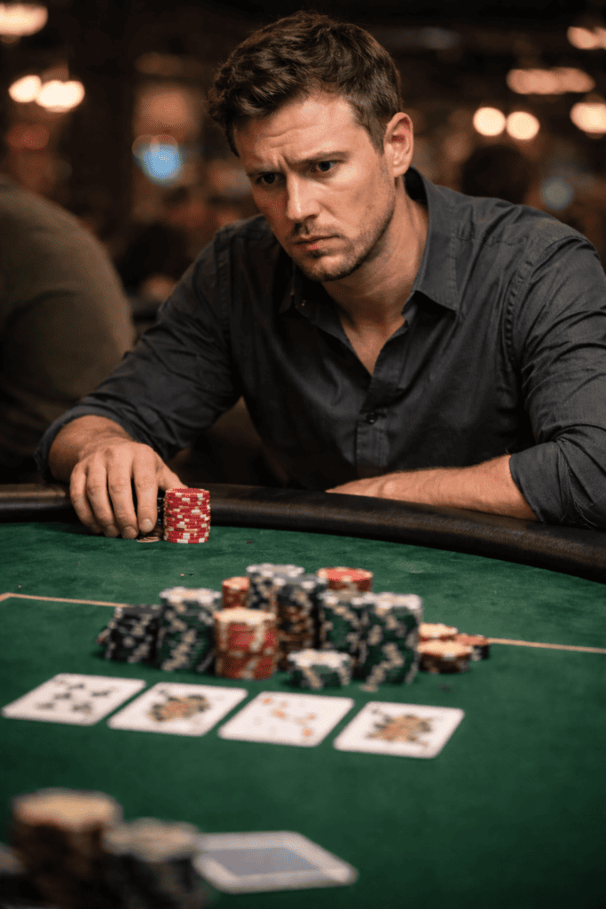 Poker player focusing on chips during cash game at poker table.
