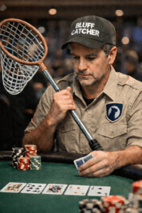Tournament poker player dressed as a bluff catcher with a net, sitting at a poker table with five community cards and face-down hole cards, illustrating bluff-catching decisions