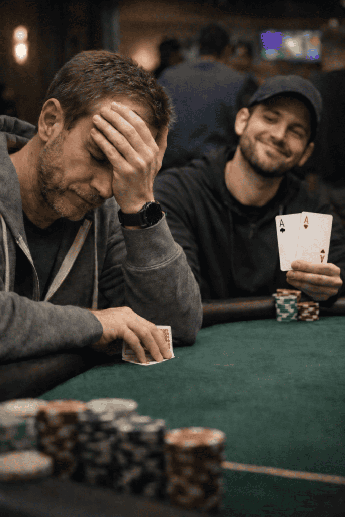 Two poker players at a table, one stressed, one smiling, with poker chips and cards.