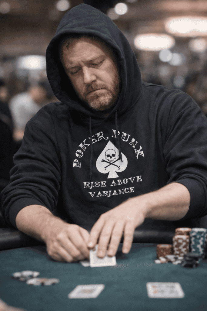 Poker player folding a hand with a resigned expression while wearing a Poker Punx Rise Above Variance hoodie at a casino table