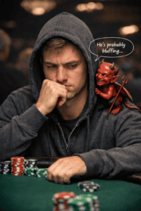 Young man at poker table with a small devil figure on his shoulder, contemplating his move.