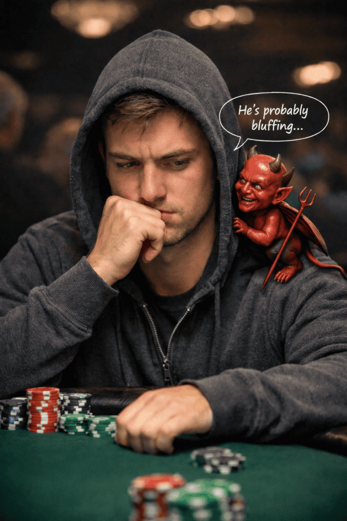 Young man at poker table with a small devil figure on his shoulder, contemplating his move.