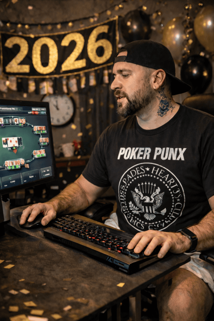 Poker Punx logo on shirt, gaming setup, and "2026" banner in the background.