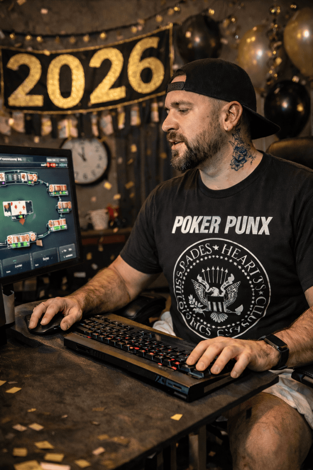 Poker Punx logo on shirt, gaming setup, and 