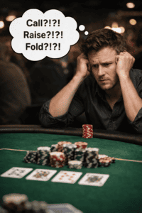 Man stressed at poker table with speech bubble about call, raise, fold decisions.