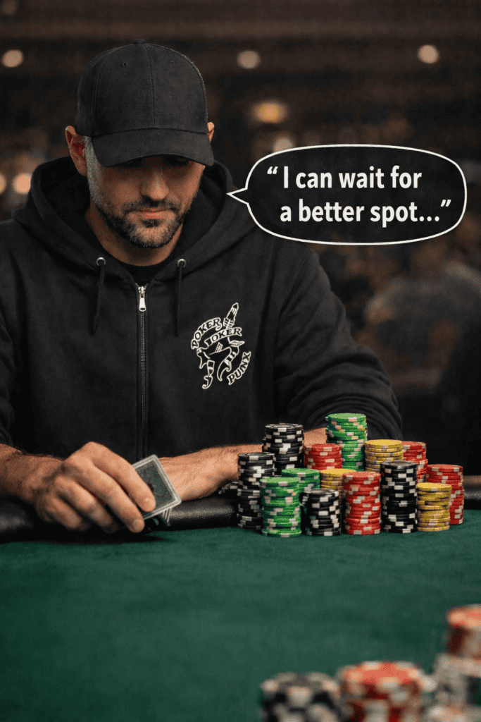 Poker player in a Poker Punx hoodie with a large stack of chips choosing patience instead of forcing action in a deep stack cash game