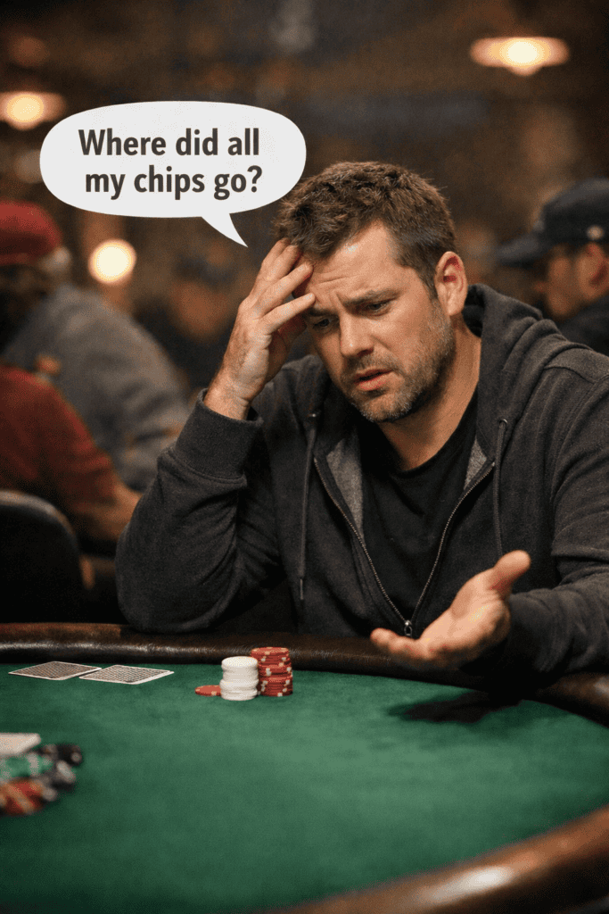 Man at poker table questioning chips loss, reflecting on dominated hands.