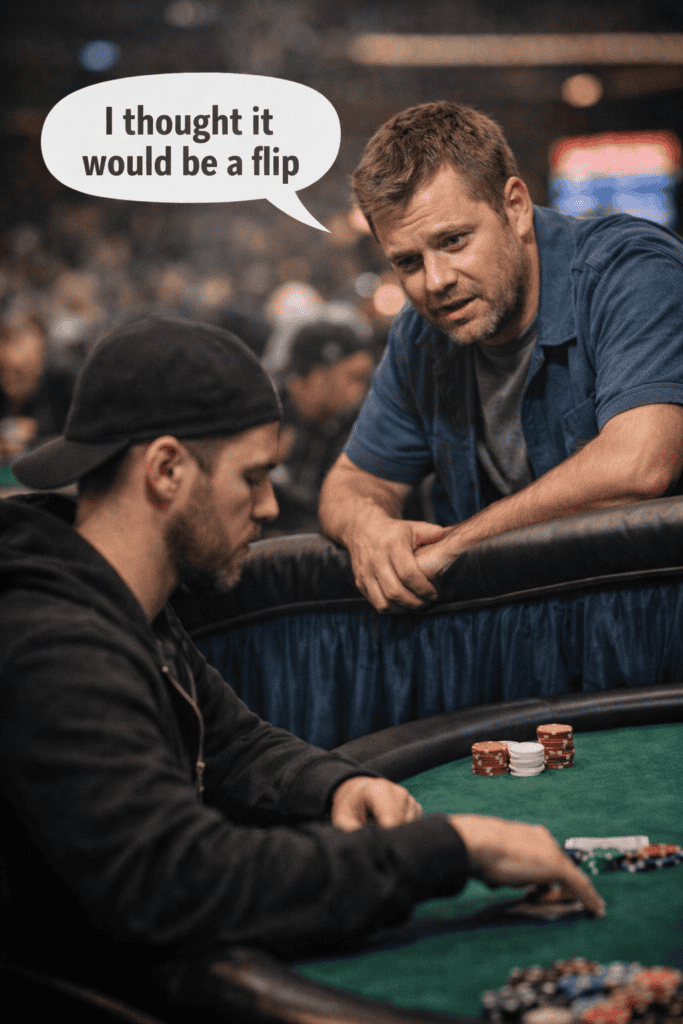 Two poker players at a table with a dealer, discussing equity and tournament EV.
