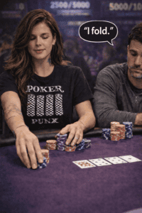 Poker tournament player wearing a Poker Punx shirt applying pressure with a bet as an opponent folds his hand