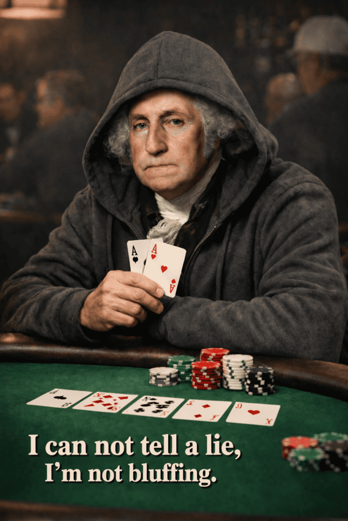 Man in hoodie holding two aces at poker table, emphasizing bluffing strategies.