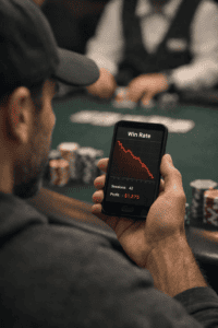 Player monitoring win rate on smartphone during poker game.