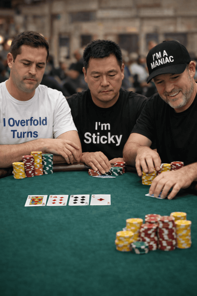 Three poker tournament players wearing shirts labeled “I Overfold Turns,” “I’m Sticky,” and a hat reading “I’m a Maniac,” representing common population tendencies in live tournaments