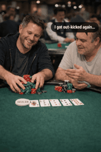 Two men playing poker at a casino table, smiling and stacking chips, emphasizing position strategy.
