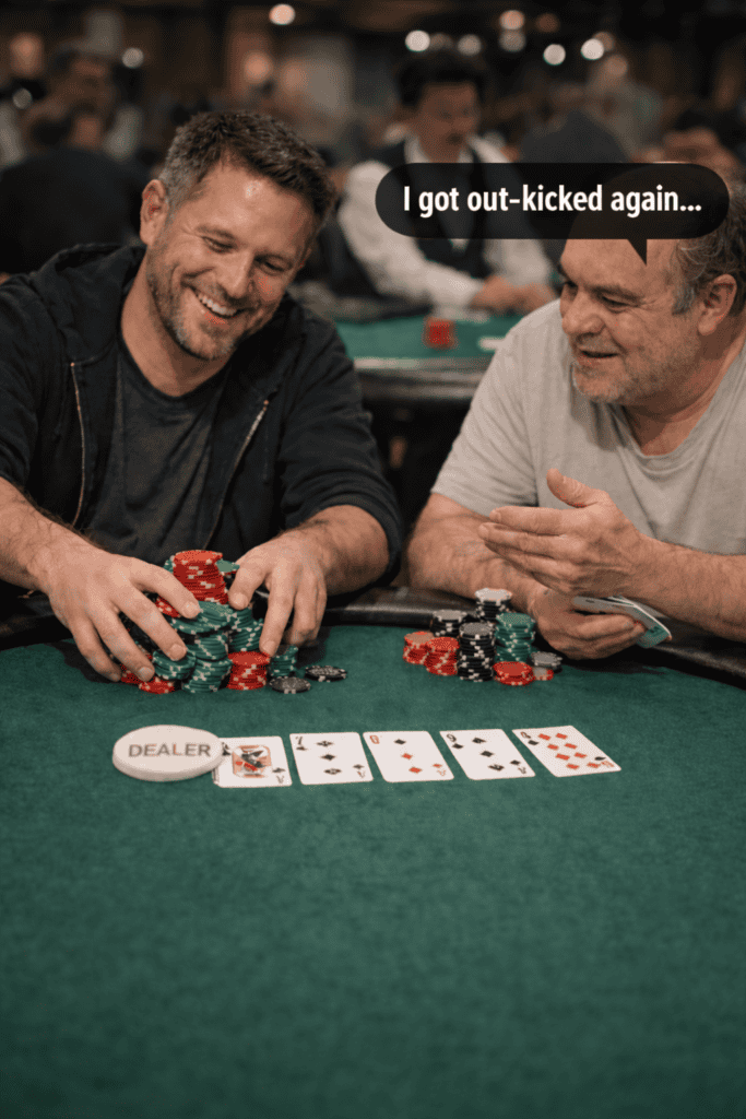 Two men playing poker at a casino table, smiling and stacking chips, emphasizing position strategy.