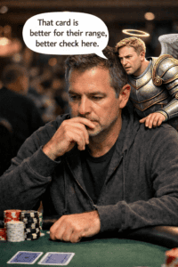 Poker player at a live cash game table with an armored angel on his shoulder advising pot control and disciplined decision-making in a $1/$3 cash gam