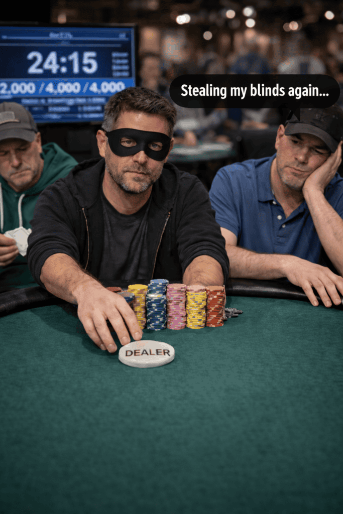 Poker players at a table, one with a mask, focused on the game, intense atmosphere.