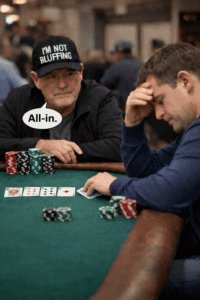 Poker player folding a strong hand after an older opponent wearing an “I’m Not Bluffing” hat announces all-in in a live cash game