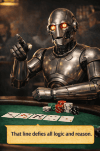 A futuristic humanoid robot at a poker table pointing at the board with a caption that says “That line defies all logic and reason,” illustrating flawed GTO play in non-GTO poker fields.