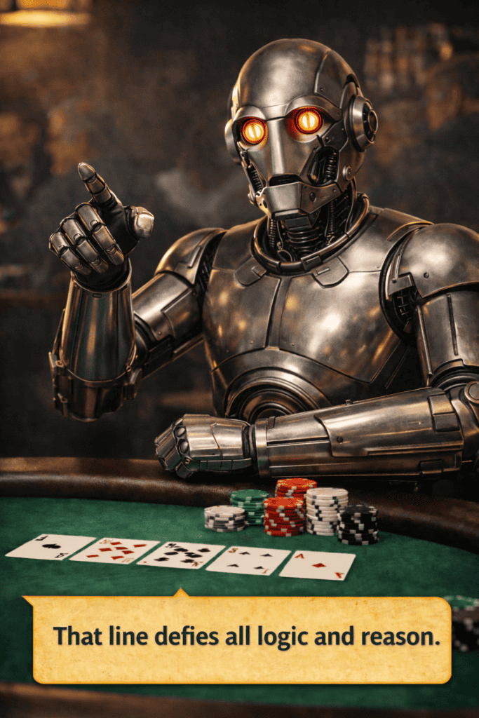 A futuristic humanoid robot at a poker table pointing at the board with a caption that says “That line defies all logic and reason,” illustrating flawed GTO play in non-GTO poker fields.
