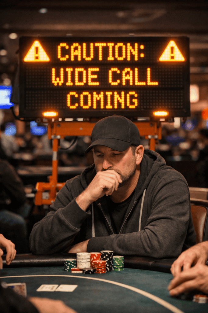 A player at a poker table contemplates a call with a warning sign in the background.