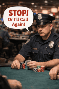 Police officer at poker table with speech bubble saying 