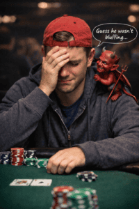 Man with hand on forehead at poker table with small devil figure on shoulder.